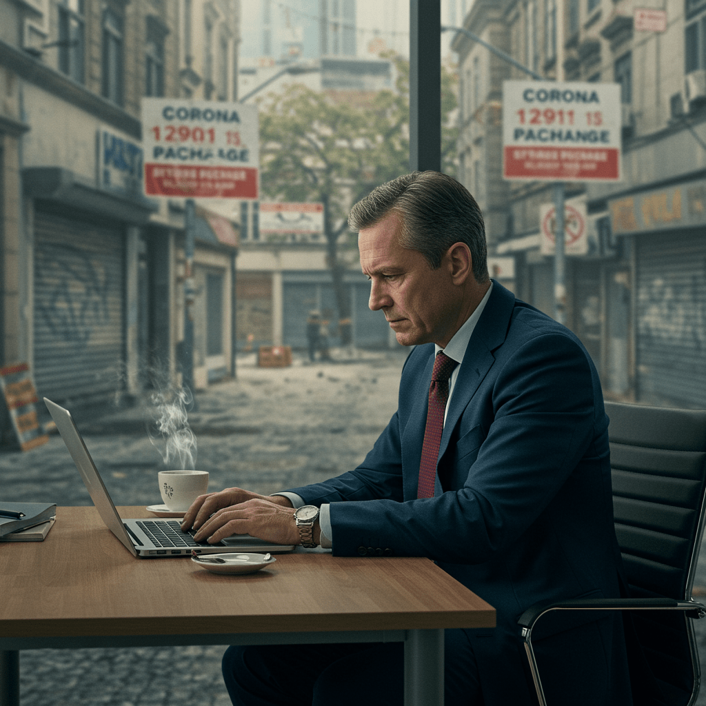 Mann im Anzug analysiert Finanzdaten auf Laptop vor dem Hintergrund einer verlassenen Stadt während der Corona-Rezession.