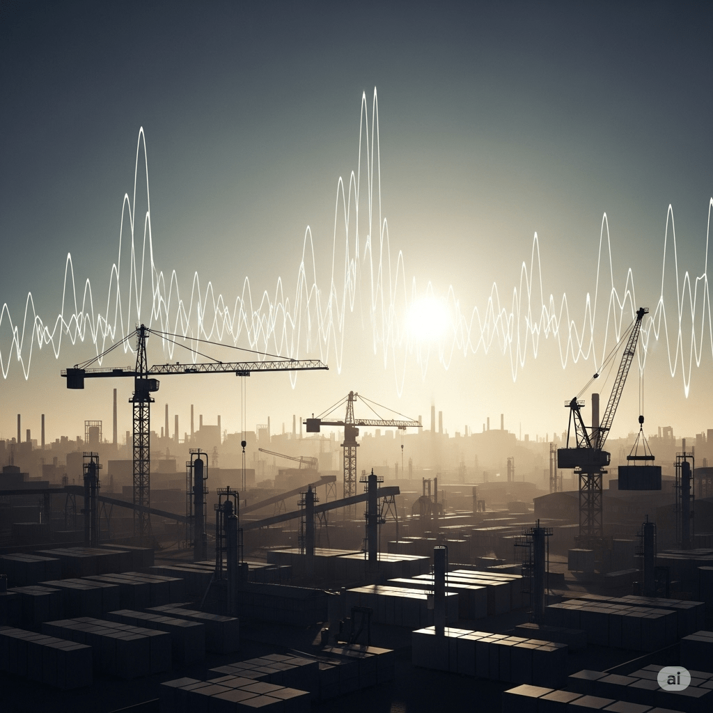 Fotorealistisches Bild einer ruhigen, produktiven Wirtschaftslandschaft, die subtil von unsichtbaren, rhythmischen Lichtwellen beeinflusst wird, die den Zwang zum Wachstum aufgrund von Zinsen im Geldsystem und dessen Auswirkungen auf die Nachhaltigkeit symbolisieren.