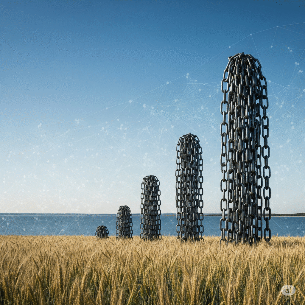 Fotorealistisches Bild, das das exponentielle Wachstum von Schulden im Geldsystem durch aufsteigende Ketten in einem ruhigen Weizenfeld darstellt, symbolisiert die Herausforderungen für die Nachhaltigkeit.