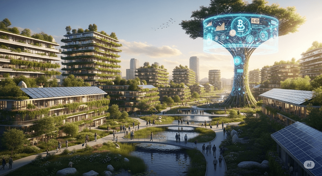 Fotorealistisches Querformatbild einer futuristischen, nachhaltigen Stadt mit biolumineszenten Gebäuden, vertikalen Gärten und einem Baum, der ein dezentrales Geldsystem symbolisiert, für das Thema Geldsystem und Nachhaltigkeit.