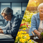 Kontrastbild zur Rente mit 68: Eine ältere Person im Büro und die gleiche Person glücklich bei der Gartenarbeit.