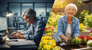 Kontrastbild zur Rente mit 68: Eine ältere Person im Büro und die gleiche Person glücklich bei der Gartenarbeit.