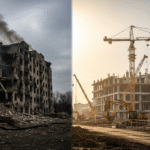 Fotorealistisches Bild zum Ukraine-Konflikt: Zerstörtes Gebäude und eine Baustelle als Kontrast für Krieg und Wiederaufbau.