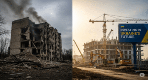Fotorealistisches Bild zum Ukraine-Konflikt: Zerstörtes Gebäude und eine Baustelle als Kontrast für Krieg und Wiederaufbau.