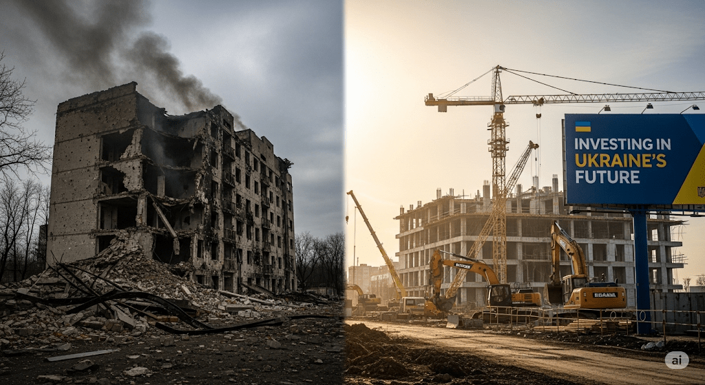 Fotorealistisches Bild zum Ukraine-Konflikt: Zerstörtes Gebäude und eine Baustelle als Kontrast für Krieg und Wiederaufbau.