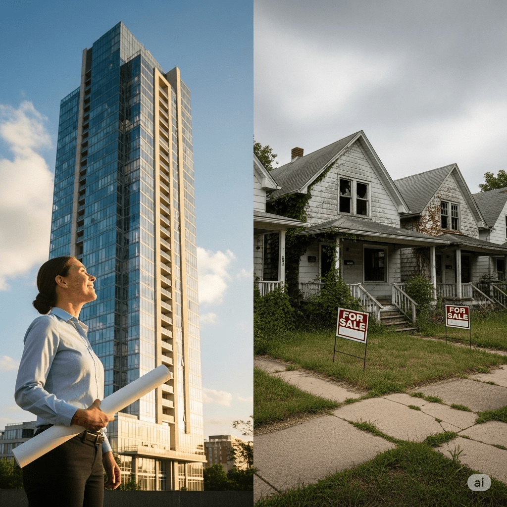 Kontrastbild zur Immobilienspekulation: Links ein modernes Hochhaus, rechts eine Reihe verlassener Häuser mit „For Sale“-Schildern.