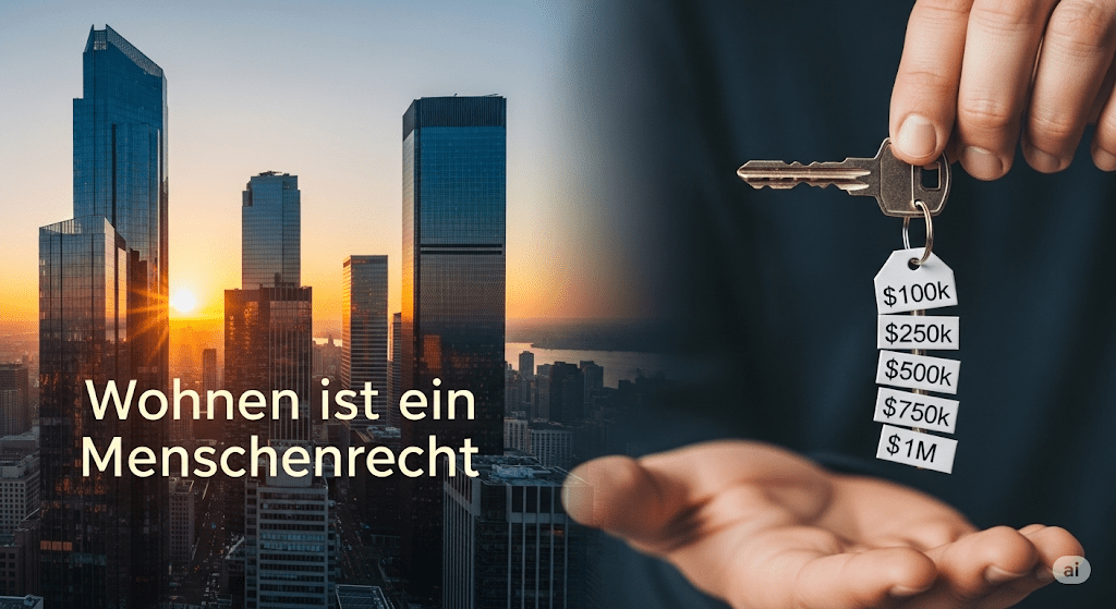 Symbolbild: „Wohnen ist ein Menschenrecht“ über einer Stadtlandschaft und eine Hand, die einen Hausschlüssel mit steigenden Preisschildern hält, um die Immobilienblase zu thematisieren.