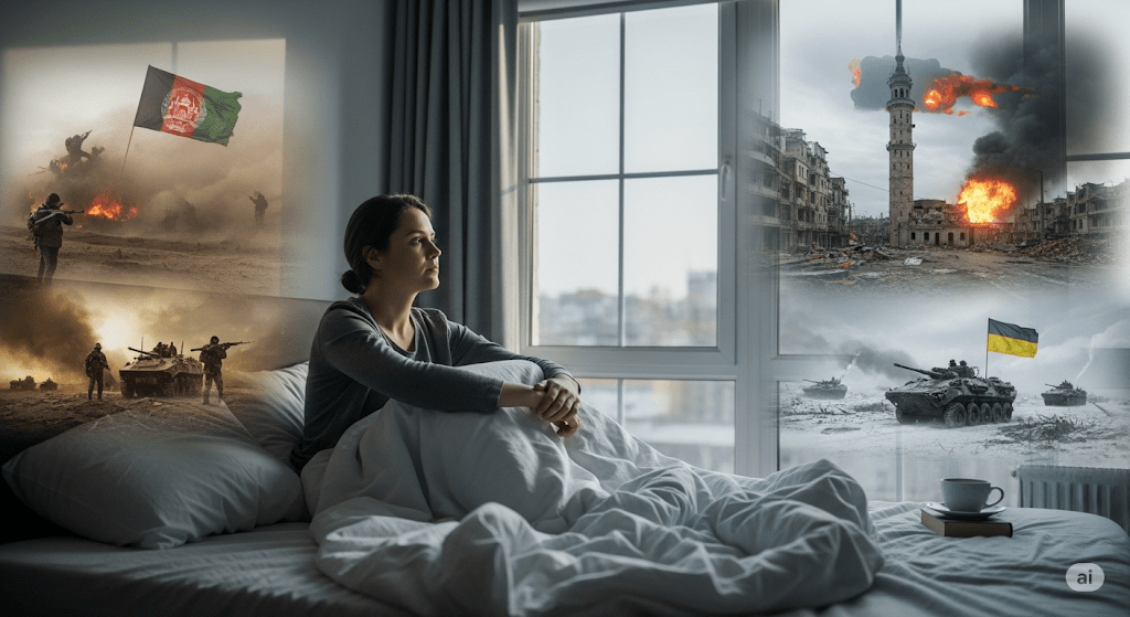 Eine Person erwacht und sieht im Fenster die Reflexion des Ukraine-Konflikts und anderer Kriege, symbolisch für das Erwachen zur Realität.