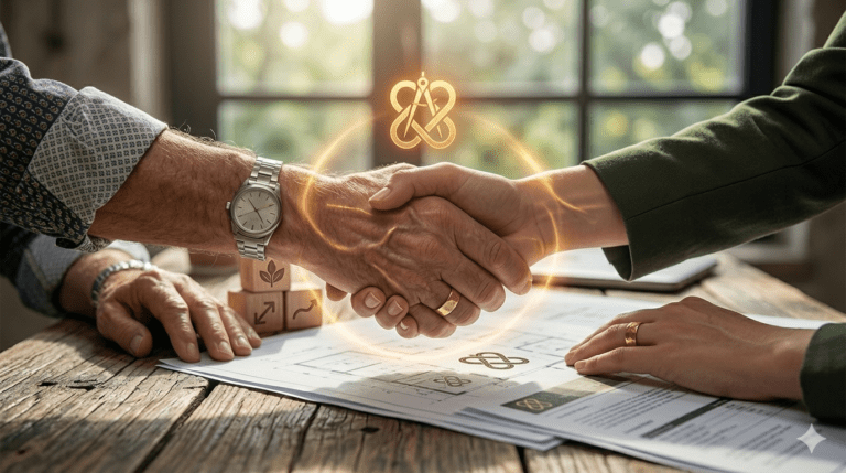 Ich habe ein passendes Bild generiert, das „Vertrauen durch Integrität und Expertise“ visualisiert. Statt der bisherigen mechanischen Symbolik setzt dieses Bild auf menschliche Verbindung und geerdete Materialien, um Vertrauen zu schaffen. Zentrale Handlung: Die Nahaufnahme konzentriert sich auf einen Händedruck zwischen einem Bauherrn und einer Expertin (erkennbar am goldenen Zirkel-Integritäts-Sigil). Sie besiegeln eine Vereinbarung über Plänen.