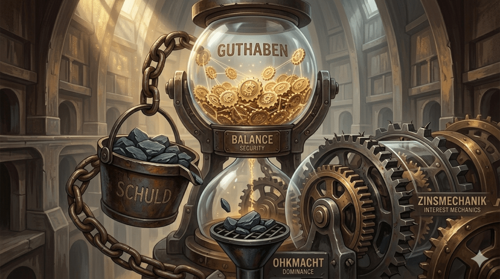 Der massive, eherne Charakter der Maschine spricht das Bedürfnis nach „Sicherheit“ (Balance) an, da sie eine unveränderliche, wenn auch bedrückende, Gesetzmäßigkeit darstellt. Die goldene Fülle oben weckt „Sinnsehnsucht“ (), während die schweren Ketten unten die „Ohnmacht“ (Dominanz) der Verschuldung symbolisieren. Dieses Bild eignet sich hervorragend, um die tiefe Struktur des Zinssystems, die in Felix Fuders Kolumne und Tomas Klünners sozioökonomischer Analyse beschrieben wird, auf einen Blick verständlich zu machen.
